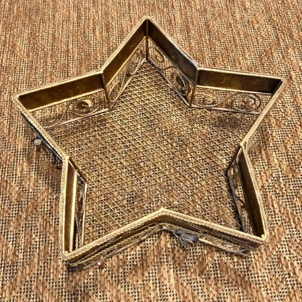 Pier 1 Gold Wired Blue White Amber Beads STAR Tray Basket Storage Decor 11